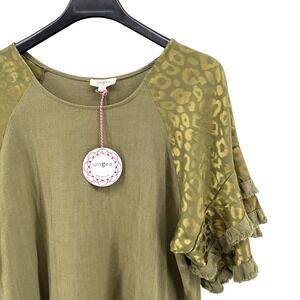 NEW UMGEE Olive Green Womens Large Linen Blend Leopard Ruffle Sleeve Tunic Top
